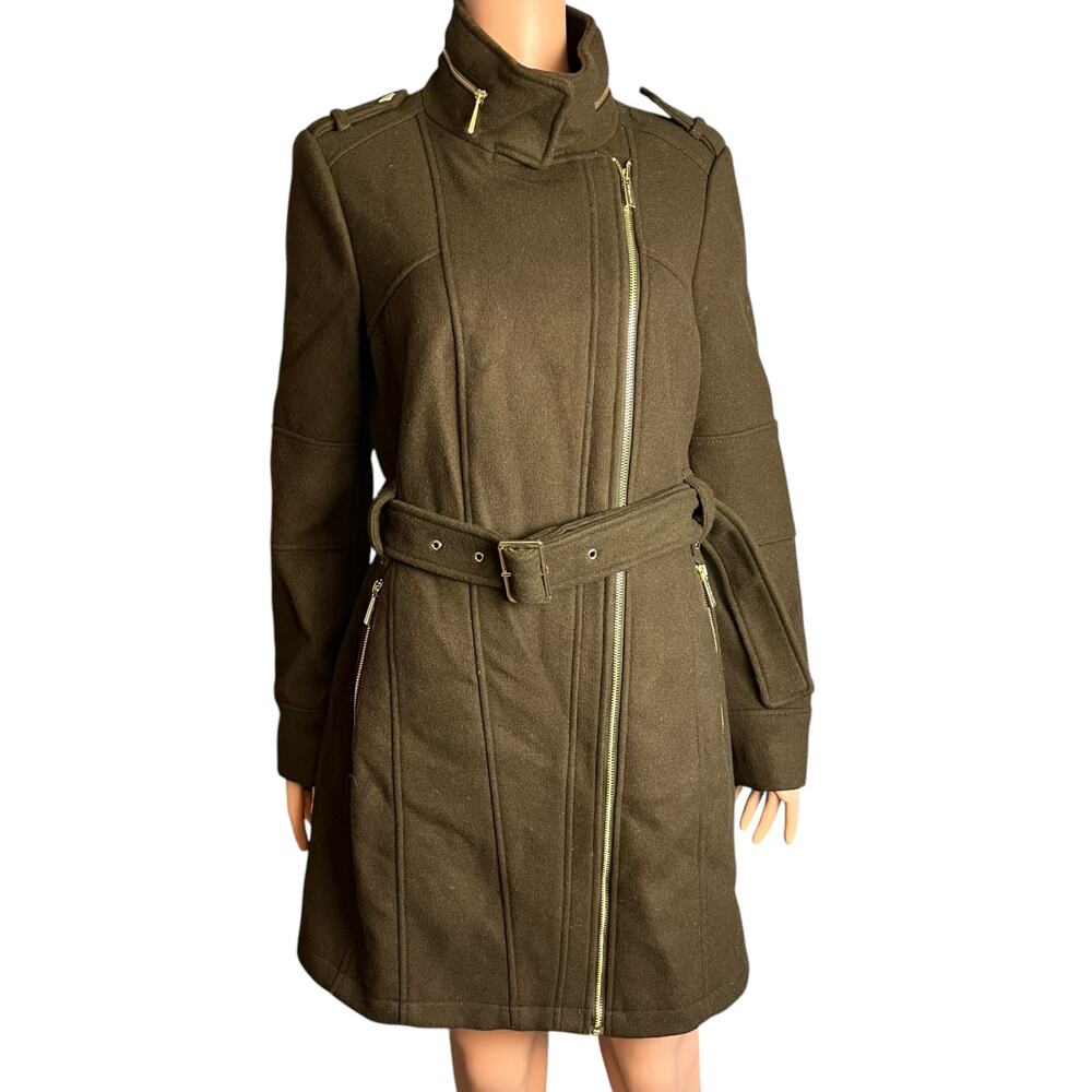 Michael Michael Kors Women’s Wool Blend Asymmetrical Gold Zipper Heavy Coat Med